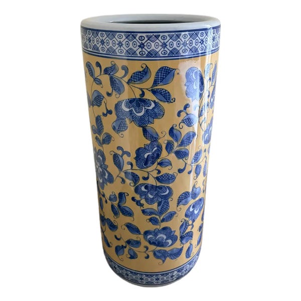 Vintage Chinoiserie Blue and Yellow Porcelain Umbrella Stand
