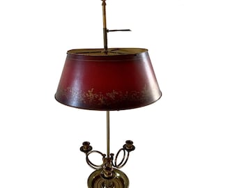 Mid-20th Century Brass Three-Arm Horn Bouillotte Lamp With Red Tole Shade