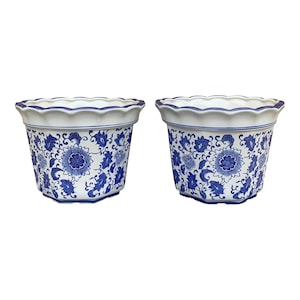 Chinoiserie Large Blue and White Porcelain Planters, Pair