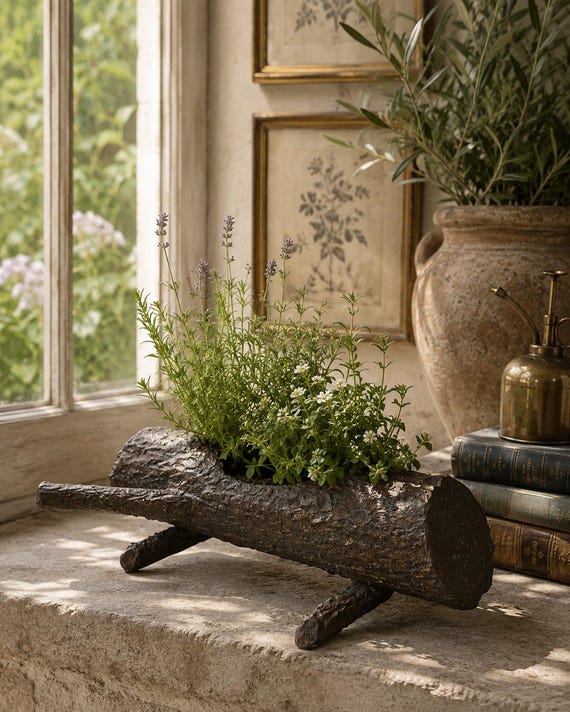 Vintage Pflanzkübel aus Gusseisen in Holzoptik, Mid-Century-Gartentopf im Trompe-l'œil-Stil, englisch-französischer Landhausstil, Kräuter- und Blumenpflanzgefäß
