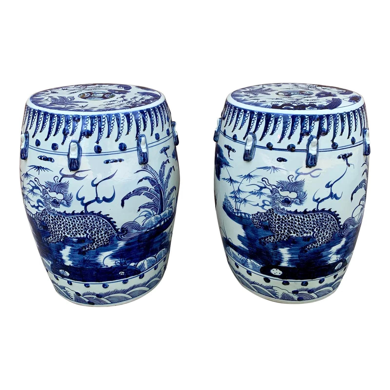 Chinoiserie Blue and White Porcelain Garden Stools or Side Tables Pair Etsy UK