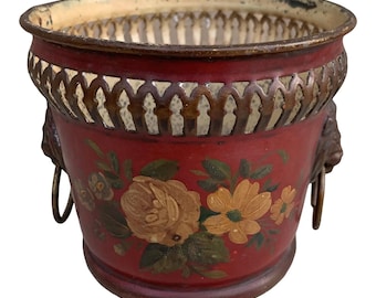 Antiker französischer Übertopf in Rot & Gold Tole, Übertopf mit Löwenkopf, neoklassizistische Blumenvase