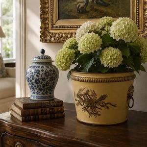 Vaso antico francese in lamiera, fioriera neoclassica gialla con manici in ottone a forma di testa di leone, fioriera Regency dipinta a mano