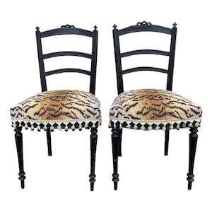 Antique 19th Century Empire Black Opera Chairs with Tiger Upholstery, Pair