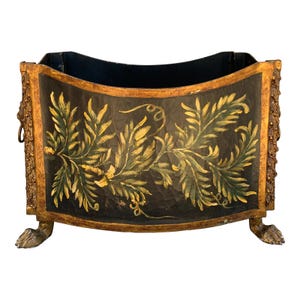 French Neoclassical Black & Gold Cachepot Planter Vase with Lion Heads and Paw Feet