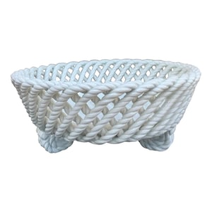 French Country White Ceramic Woven Rope Cachepot Basket