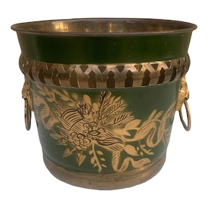 French Neoclassical Tole Green & Gold Cachepot Planter Vase With Lion Heads