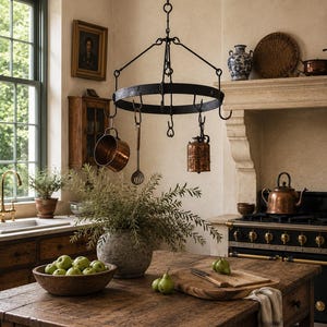 Antique 19th Century Wrought Iron Game Rack, English Country Hanging Pot Rack, Hand Forged Kitchen Hooks, Rustic Decor