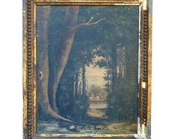 Antique Hand Painted Framed Oil on Canvas Forest Landscape , Late 19th Century