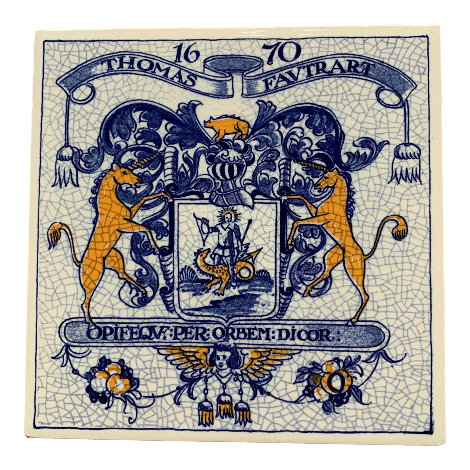 Vintage Dutch Delft Blue and White Tile Featuring a Heraldic Coat of Arms
