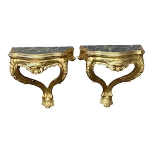 Louis XV Giltwood and Faux Marble Wall Mounted Bedside Tables or Nightstands, Pair