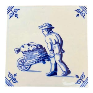 Vintage Dutch Delft Blue and White Płytki z chłopcem i wózkiem