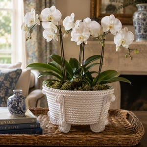 Peut inclure: Une orchidée blanche en pot avec de multiples fleurs épanouies et des feuilles vertes, placée dans un cache-pot en céramique blanche au motif de corde texturé, doté de quatre petits pieds enroulés, posé sur un plateau rectangulaire tressé.