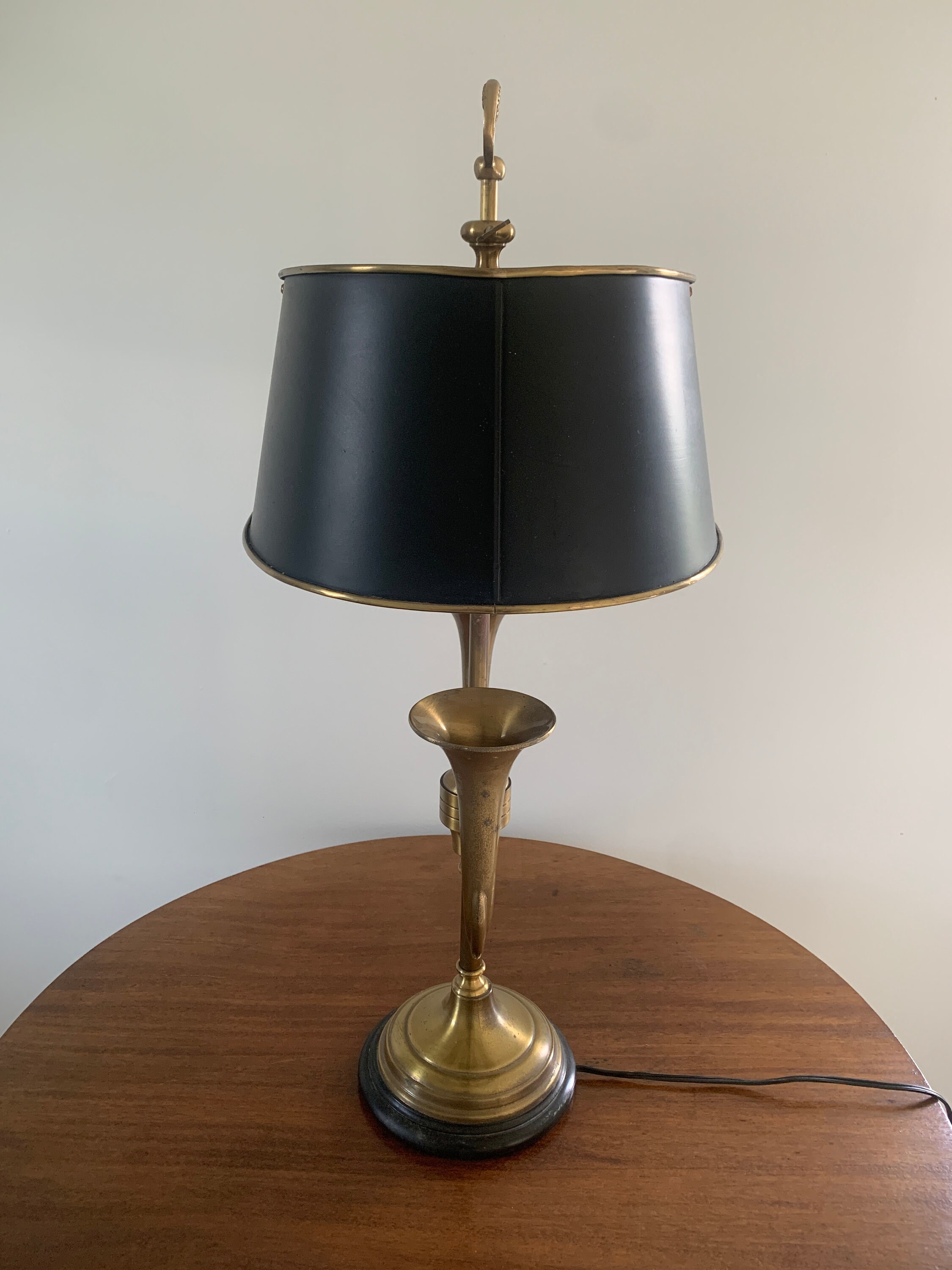 Vintage Bouillette Style Three Horn Trumpet Brass Table Lamp Metal Black  shade 