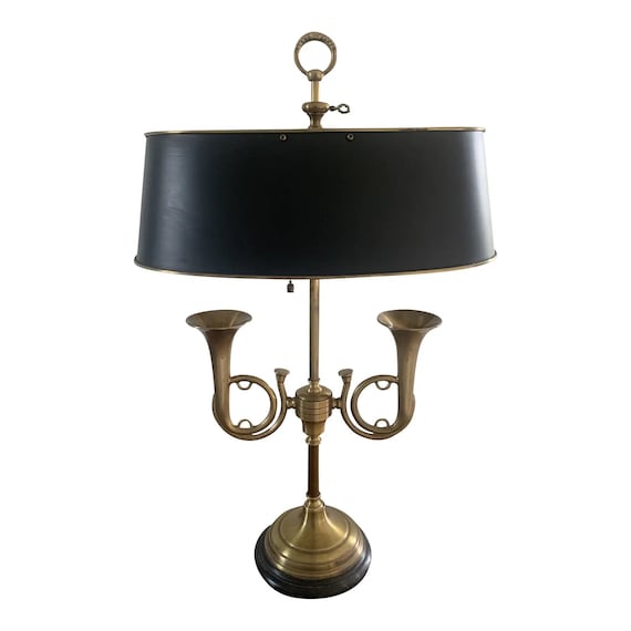 Mid-20th Century Brass Horn Bouillotte Lamp With Black Tole Shade 