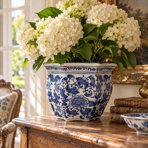 May include: A white ceramic planter with a scalloped rim and a blue floral pattern, filled with a large bouquet of white hydrangea flowers. The planter features intricate blue vine and blossom designs against a white background.