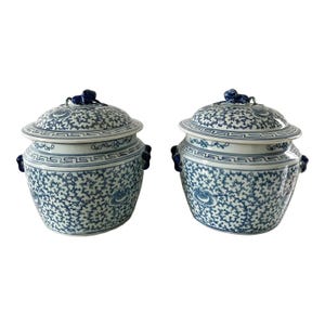 Paire de bocaux avec couvercle en porcelaine bleue et blanche avec embouts Foo Dog, chinoiseries