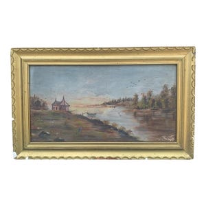 Antique Hand Painted Framed Oil on Board Landscape, Late 19th Century