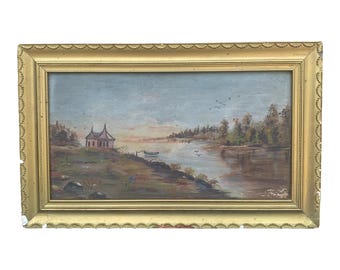 Paisaje antiguo enmarcado al óleo sobre tabla, pintado a mano, finales del siglo XIX