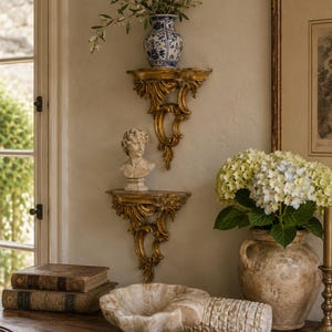 Pair Vintage Italian Rococo Giltwood Wall Shelves, Carved Florentine Gold Display Brackets, Neoclassical English Country Decor