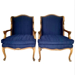 Louis XV French Provincial Walnut Upholstered Lounge Chairs, a Pair