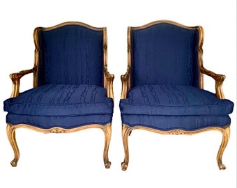 Louis XV French Provincial Walnut Upholstered Lounge Chairs, a Pair