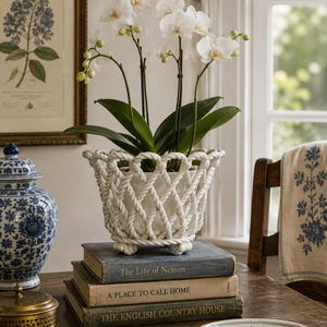 Könnte beinhalten: Eine weiße Orchidee in einem dekorativen, weißen Pflanzgefäß mit Seiltextur und Gittermuster, das auf einem Stapel aus drei alten Büchern mit den Titeln The Life of Nelson, A Place to Call Home und The English Country House steht, mit Seilknoten.
