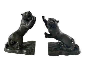Antique Bronze Roaring Tiger Bookends, Pair