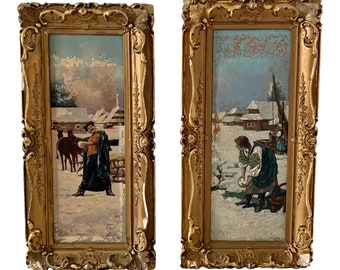 Antique 19th Century Russian Framed Oil on Board Paintings of a Snowball Fight, Pair