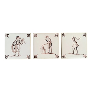 Antique Dutch Delft Style Craftsmen Brown and White Tiles, Set of Three