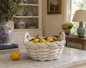 Vintage Italian White Ceramic Woven Basket Cachepot, 1980s Trompe L’Oeil Planter, French English Country Fruit Bowl Decor