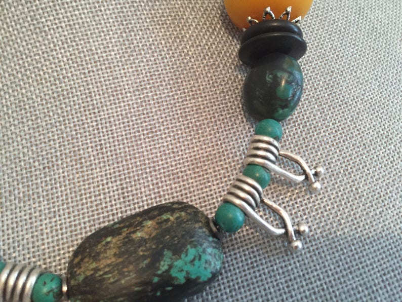 Green Spotted Turquoise and Amber made by Jewelry designer special one of a kind unique gift  Shop now Turquoise and silver beaded necklace