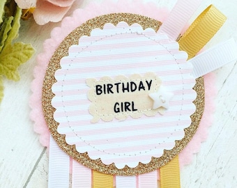 Pink and Gold Birthday Badge, Birthday party badge, Girls Birthday, Girls Birthday Badge