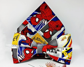 Coordinato papillon e fazzoletto spiderman, idee regalo per uomo, accessori per uomo, per lui, accessori originali, Spiderman, uomo ragno