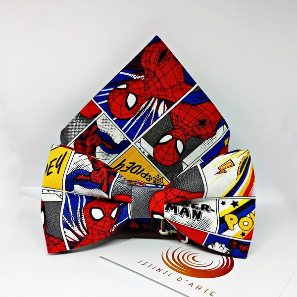 Coordinato papillon e fazzoletto spiderman, idee regalo per uomo, accessori per uomo, per lui, accessori originali, Spiderman, uomo ragno