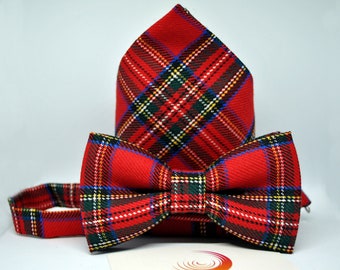 Red tartan plaid bow tie and handkerchief set, gift idea for men, accessories for men, for him, bow tie for men or children