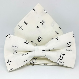 Puede incluir: Un conjunto de pajarita y pañuelo de bolsillo blancos. La tela está cubierta de símbolos y términos matemáticos negros, incluyendo pi, sigma y signos integrales. La pajarita está preatada y el pañuelo de bolsillo está doblado.