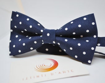 Handmade bow tie for men/child made up of dark blue cotton fabric with white polka dots