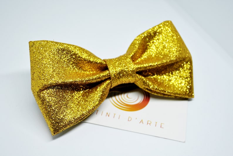 Handmade bow tie made up of golden glitter fabric image 5