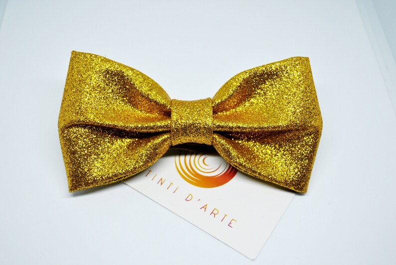 Handmade bow tie made up of golden glitter fabric image 4