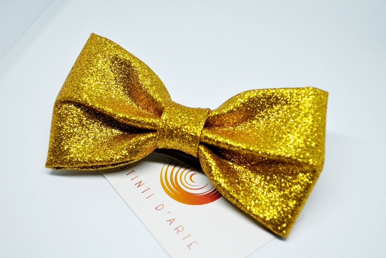 Handmade bow tie made up of golden glitter fabric image 3