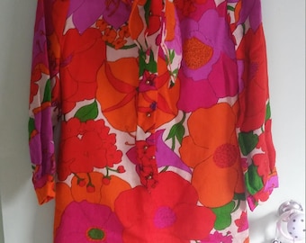 60s vintage floral dress with tie neck and peter pan collar