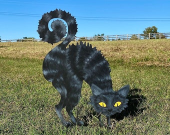 Hand Painted Halloween Metal Black Creepy Cat-Halloween Decor Yard Art