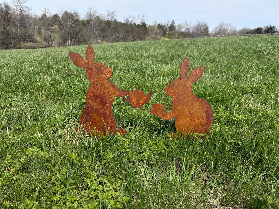 Whimsical Rustic Bunny Rabbits With Teapot Garden Decoration - Etsy