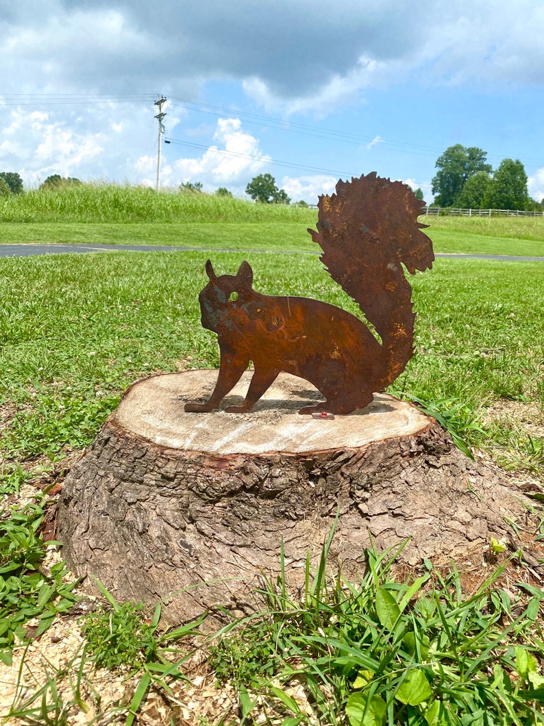 Rustic Metal Squirrel with Brackets- Tree Stump Art- Mailbox Decor- Outdoor Animal Yard Decoration- Summer Woodland Creatures Plasma Art image 3