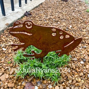 May include: A rusty brown metal frog sculpture with a textured surface. The frog is standing on a bed of small brown rocks and green grass.