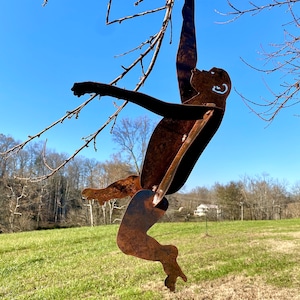 Metal Rustic Hanging Monkey Ape Yard Art- Tree Ornament Garden Decoration