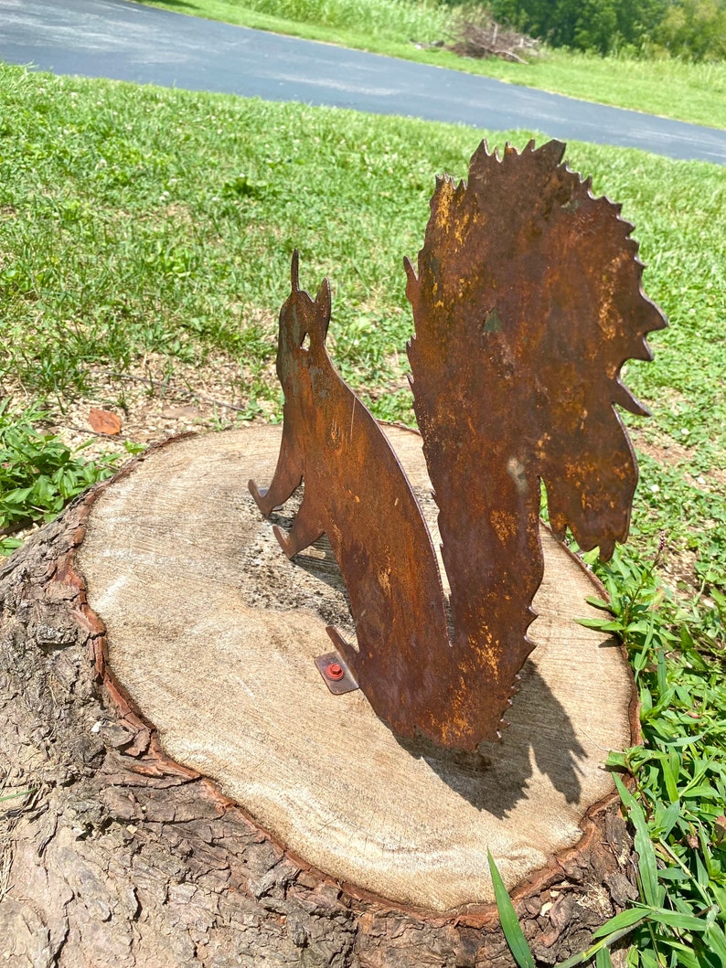Rustic Metal Squirrel with Brackets- Tree Stump Art- Mailbox Decor- Outdoor Animal Yard Decoration- Summer Woodland Creatures Plasma Art image 5