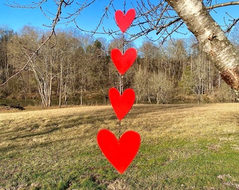 Metal Red Valentine’s Day Heart Wind Chime- Hanging Garden Decoration- Gift for Her- Metal Yard Art