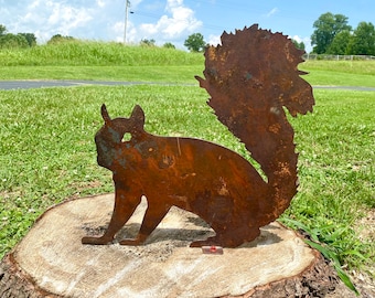 Rustic Metal Squirrel with Brackets- Tree Stump Art- Mailbox Decor- Outdoor Animal Yard Decoration- Summer Woodland Creatures Plasma Art